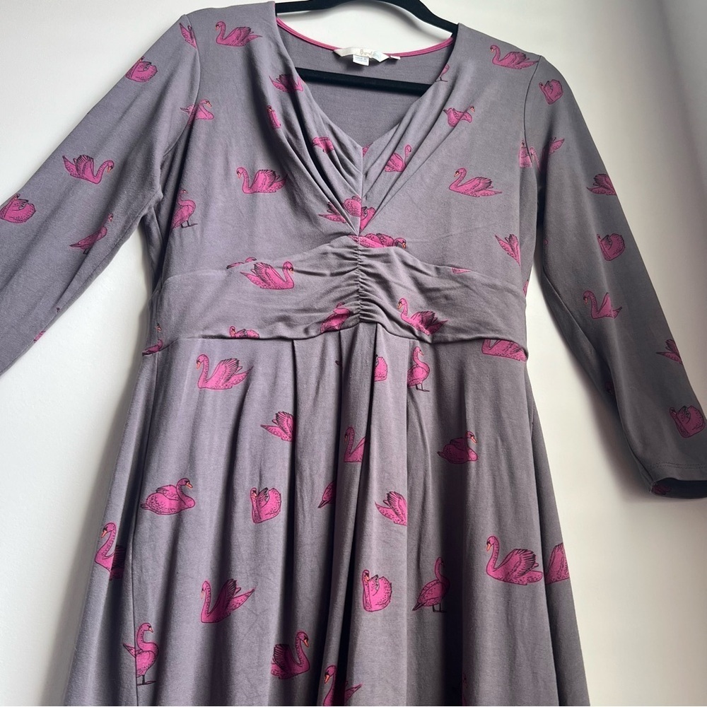 Boden Gray Ruched Sheath Dress with Pink Swans - Picture 11 of 16
